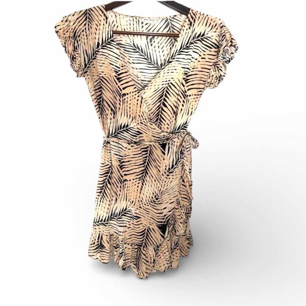 Billabong Tan and Black Leaf-Print Wrap Mini Dress Size M